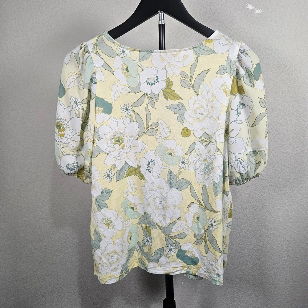 Loft Blouse Women SP Yellow Floral Puff Sleeve Scoop Neck Cottagecore Casual